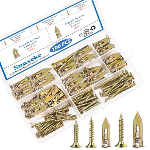 100 PCS Self Drilling Drywall Anchors with Screws Kit - 2 Sizes Sheetrock Anchors & 3 Sizes Zinc Expansion Screws,2025 Upgraded Zinc Plated Steel,No Drill Needed, Holds Up to 66LB on Walls - size: KIT-100PCS