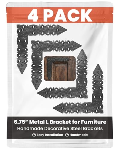 4 Pack 6.75" Metal L Bracket for Furniture - Black - Handmade Decorative Steel Brackets - Rustic Metal Corner Brackets for Front Doors, Gates, Garages, Tables & Cabinets - The Zaragoza Series - color: Black - The Zaragoza Series, size: 6.75 Inch