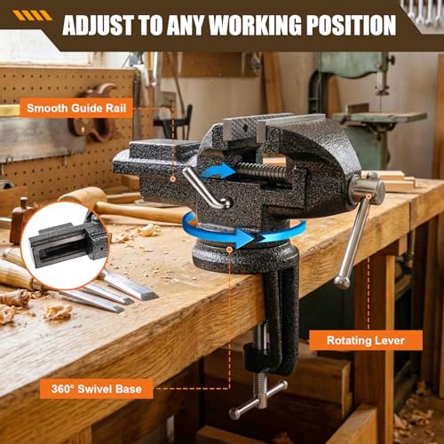 Bench Vise 3 Inch, Home Vise with 360° Swivel Base, Dual-Purpose Heavy Duty Cast Iron Table Vise, Clamp-On Vise for Woodworking, Metalworking, Drilling and DIY Projects
