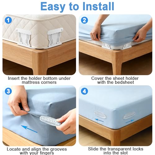 Upgrade Bed Sheet Holders for Corners, 4Pcs Heavy Duty Bed Sheet Locks and 4Pcs Sheet Clips Keep Sheets in Place Firmly, No More Fitted Sheet Coming Off, Bed Sheet Fasteners Fit All Mattress