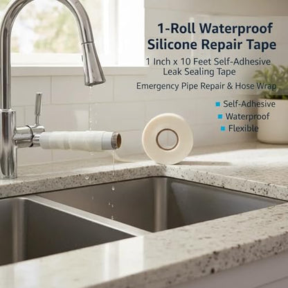 1-Roll Waterproof Silicone Repair Tape, 1 Inch x 10 Feet Self-Adhesive Leak Sealing Tape for Water Pipes, Emergency Pipe Repair & Hose Wrap