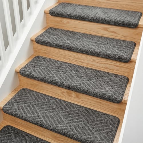 MBIGM Bullnose Non-Slip Stair Treads w/Reusable Adhesive 14 Pack 9.5" x 30" Wooden Steps Protection - TPU Backing with Steel Reinforcement - Anti-Slip Solution Basketweave Dark Gray - color: Dark Gray - Basketweave