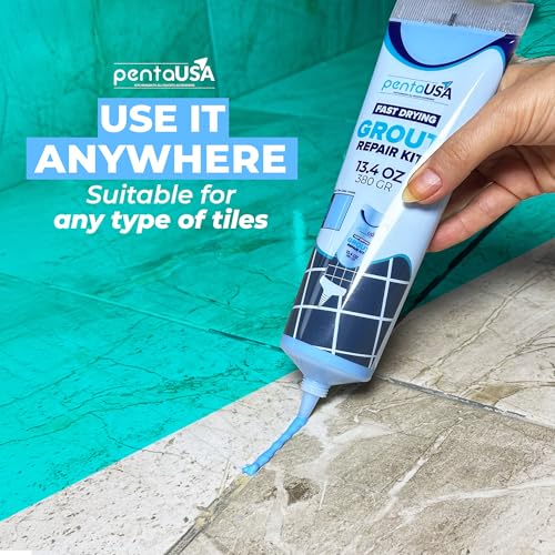 PentaUSA Tile Grout Repair Kit - Blue Premixed Acrylic Sanded Grout, Water-Resistant Grout Filler for Bathroom&Shower, Kitchen Floor, Fast Drying, with Applicator, 13.4 oz (380g) - style: Blue