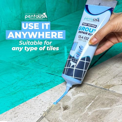 PentaUSA Tile Grout Repair Kit - Blue Premixed Acrylic Sanded Grout, Water-Resistant Grout Filler for Bathroom&Shower, Kitchen Floor, Fast Drying, with Applicator, 13.4 oz (380g) - style: Blue