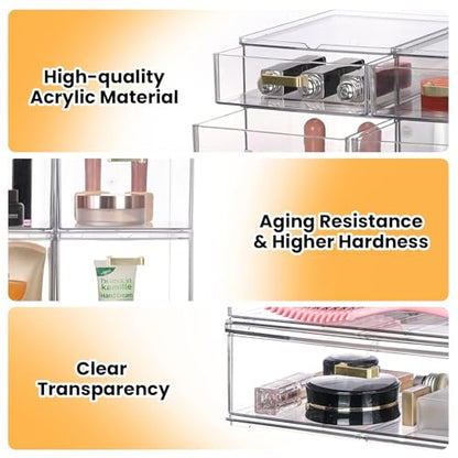 LALOBLUE Stackable Storage Drawers, 6 Pack Clear Acrylic Organizer Bins with Golden Handles, Multi-Size Plastic Drawers for Makeup, Vanity, Kitchen, Bathroom, Office, Pantry Organization and Storage - style: 6 Pack