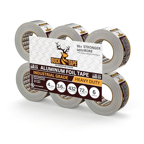 6 Pack Buck Aluminum Foil Tape – 4 Inch x 216ft (72 yd), 3.6 Mil – HVAC Tape for Ductwork, AC, Dryer Vents & Insulation – Silver Foil Tape for Metal Repair, Exhaust Sealing & Air Conditioning - size: 4 Inch, style: 6 Pack