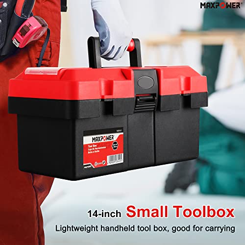 MAXPOWER Small Tool Box, 14-inch Plastic Tool Boxes with Handle, Removable Tray with Dual Lock Secured, Red Toolbox for Home - style: 14" red