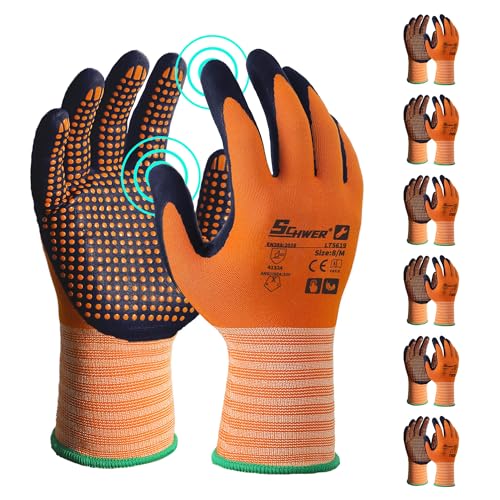 Schwer 6 Pairs Safety Work Gloves MicroFoam Nitrile Coated, Certified Level 6 Abrasion & A1 Cut Resistant Working Gloves with MicroDot Grip, Touchscreen, Used for General Work, Gardening, LT5619, M - size: Medium, style: 6 Pairs