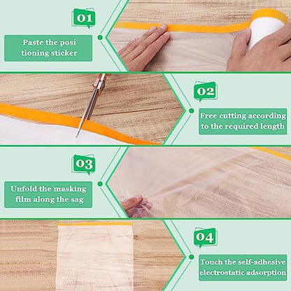 6 Pack Tape and Drape, 1.8x65.6 Ft Pre-Taped Masking Film for Auto Painting Covering, Plastic Pre-Adhesived Dust Paint Protective Drop Film for Furniture, Car, Floor - size: 1.8 Foot x 65.6 Foot - 6 Rolls