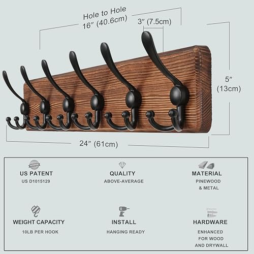 Dseap Coat Rack Wall Mounted - 24" Long 6 Tri Hooks, Heavy Duty Wooden Wall Coat Hanger Coat Hook for Clothes Hat Jacket Clothing, Natural and Black, Pack of 2 - color: Natural & Black, size: L=24"