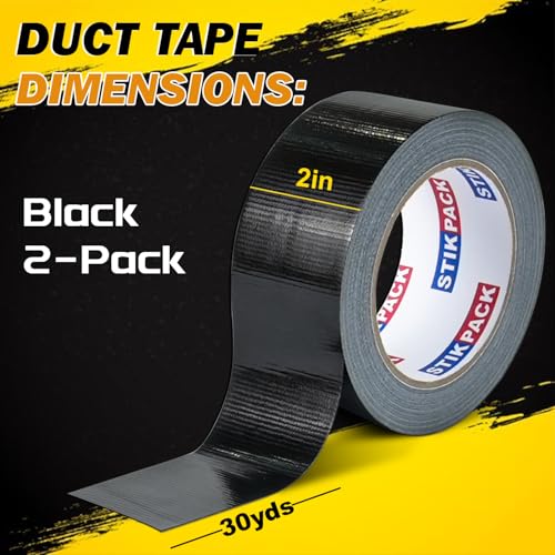 2 Pack Black Duct Tape Heavy Duty, 2 Inches x 30 Yards, 8.27 mil, Strong Industrial Strength, Flexible, No Residue, Waterproof and Tear by Hand, Multi-Use for Indoor & Outdoor Repairs - color: Black