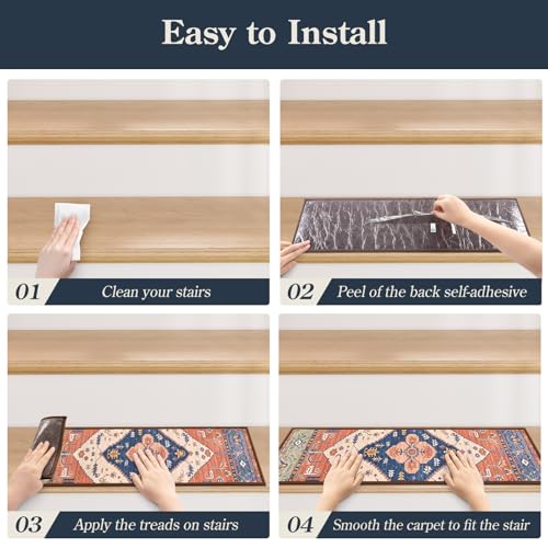 Lahome Stair Treads Non Slip 15 Pack 8" X 30" Stair Treads for Wooden Steps, Washable Self Adhesive Stair Runners Stain Resistant Stair Carpet, Edging Stair Rug for Kids, Elders and Dogs Dorie, Rust - color: Rust