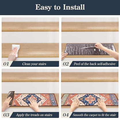 Lahome Stair Treads Non Slip 15 Pack 8" X 30" Stair Treads for Wooden Steps, Washable Self Adhesive Stair Runners Stain Resistant Stair Carpet, Edging Stair Rug for Kids, Elders and Dogs Dorie, Rust - color: Rust