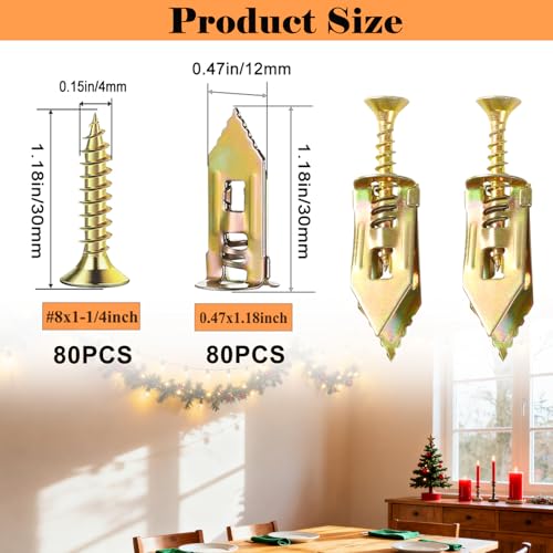 160Pcs Self Drilling Drywall Anchors with Screws Kit,80 Sheetrock Anchors & 80 Zinc Expansion Screws,No Drill Needed Wall Anchors with Screws,Hold Up to 66lbs for Picture Frame,Shelves - size: 0.47x1.18 inch-160PCS