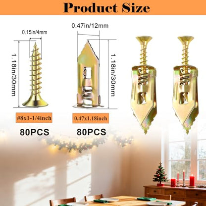 160Pcs Self Drilling Drywall Anchors with Screws Kit,80 Sheetrock Anchors & 80 Zinc Expansion Screws,No Drill Needed Wall Anchors with Screws,Hold Up to 66lbs for Picture Frame,Shelves - size: 0.47x1.18 inch-160PCS