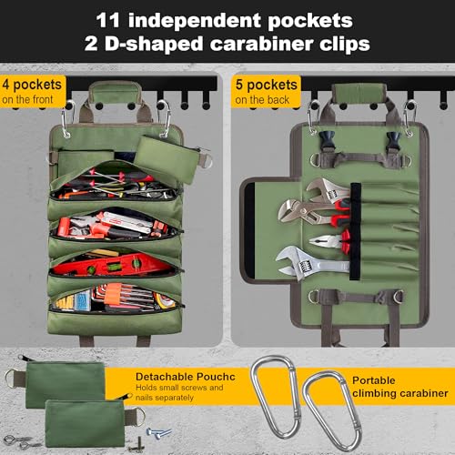 Roll Up Tool Bag, Heavy Duty Waterproof Portable Tool Storage Organization, Tool Bags For Men Tool Organizer with 2 Detachable Zipper Pouches Rollable Carrying, Dad Men Mechanic Welding Birthday Gift