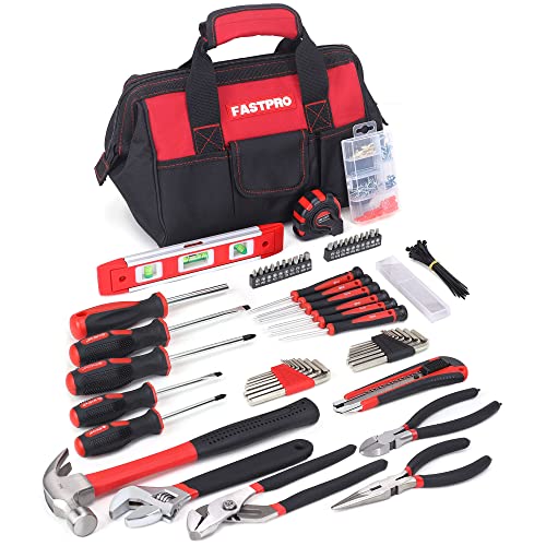 FASTPRO 215-Piece Home Repairing Tool Set with 12-Inch Wide Mouth Open Storage Bag, Household Hand Tool Kit,Red - color: Red