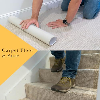 PAD 'N PROTECT Heavy Duty Temporary Carpet Protection Film 24in x 200ft. Easy Unwind, Durable, Strong with Self Adhesive Backing, 3 Mil, Clear, Reverse Wound [Made in USA] (24" x 200' - 3 mil) - size: 24" x 200' - 3 mil