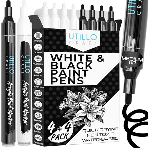 Utillo Craft Black and White Paint Pens (8-Pack) Medium 2-3mm | Paint Markers for Metal, Fabric, Wood, Glass, Paper, Plastic, Rock, Leather | Bold Color Permanent Black and White Acrylic Markers - color: White+Black, style: Medium 8PK