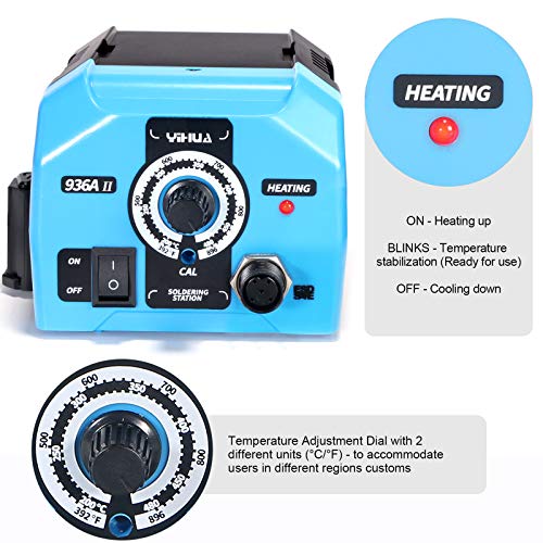 YIHUA 936A II Soldering Iron Station Kit, 65W with Intelligent Working Light. Easily Adjustable from 392℉～896℉. With Plug-in Iron Handle, a Solder Iron Stand, Solder Wire & 5 extra Solder Tips.