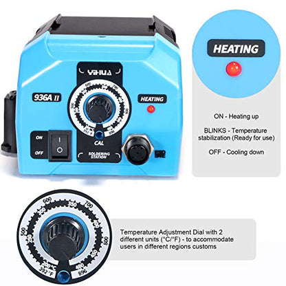 YIHUA 936A II Soldering Iron Station Kit, 65W with Intelligent Working Light. Easily Adjustable from 392℉～896℉. With Plug-in Iron Handle, a Solder Iron Stand, Solder Wire & 5 extra Solder Tips.