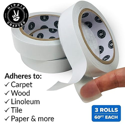 HIPPIE CRAFTER Clear Double Sided Tape, 1 Inch Wide Heavy-Duty Adhesive, Removable Mounting Tape for Posters, Carpets, Wall-Safe Use, 3 Pack, 60 Feet Each, 180ft Total - size: 1 Inch Wide - 3 Pack