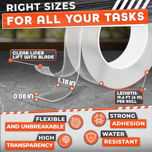 1.18" X 235" Heavy Duty Clear Double Sided Tape – Strong Double Sided Adhesive Tape – Wall Decoration, DIY, Office and Home Projects, No Tools Needed | Works on Tile, Glass, Wood, Metal, and Plastic - size: 19.6 ft × 1.18 in