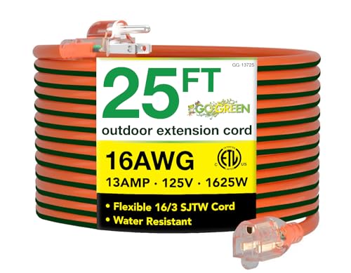 Go Green Power Inc. 16/3 25ft Outdoor Extension Cord with Lighted End - Contractor Grade, Durable, and Moisture Resistant - Ideal for Heavy Duty Tools - GG-13725 - color: Orange, size: 25 ft, style: 16/3