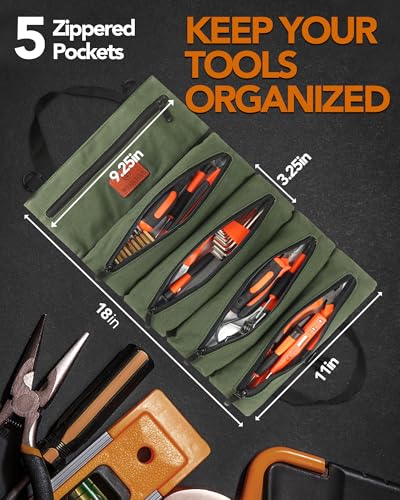 Tool Roll Up Pouch - 16oz Canvas Multi-Purpose Wrench Roll Up Bag, Organizer with 5 Zipper Tool Pockets, Hanging Carrier (Green) - color: Green, size: 5 Zipper Pockets