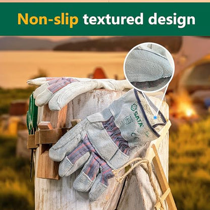 SATA Heavy Duty Halfleather Work Gloves, Doublelayer Cowhide, Cotton Lining, Leather Palm, Gardening, Yard Gloves - color: Gray, size: 2pair L