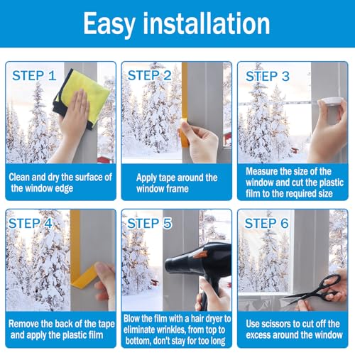 Window Insulation Kit, 87 × 394 Inch Plastic Window Covering for Winter, Window Insulation Film Window Wrap Insulation Windows Winterizing Kit with Double-Sided Tape for 3 Pcs 7 x 9 Ft Windows - size: 87 × 394 Inch