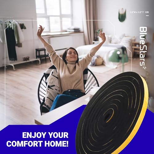 BlueStars Ultra Durable 1/2 in x 1/2 in 13FT Adhesive Foam Tape, Thermal Rubber Strip, for Doors & Windows, Soundproofing & Sealing