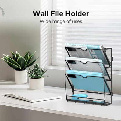 Wall File Organizer - Hanging File Organizer with 5 Hooks, Mail Holder Wall Mounted for Papers, Folders, Magazines, Bills, 4 Tier Office&School Organization, Black - size: 4 Tier-Black
