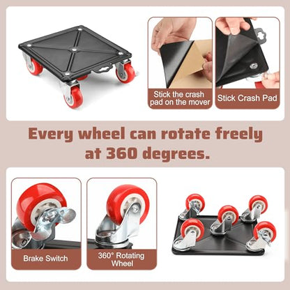 4 Packs Heavy Duty Furniture Dolly with 5 Wheels Rubber Silent Furniture Lift, 3700 lbs Load Capacity, Effortless Furniture Mover Kit Made of Premium Carbon Steel（Upgrade Large） - size: 7.9 IN & 4 Dollies