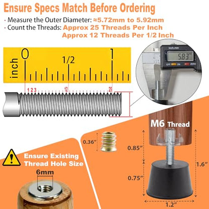 NEWBYTEK M6 Thread Rubber Furniture Leveling Feet Screw in Threaded Furniture Levelers Adjustable Table Chair Levelers Feet Glides for Chairs Tables Cabinet Patio - 16 Pack - size: M6 Thread,16 Pack