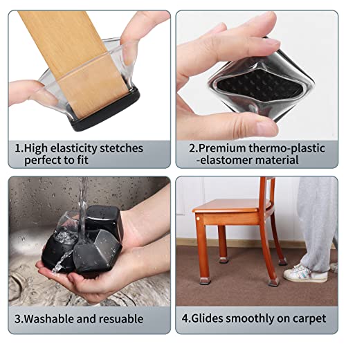 Ezprotekt 24 Pcs Chair Sliders for Carpet, Square Chair Glides for Carpet, Carpet Teflon Furniture Sliders Pads, Chair Leg Protectors Caps for Carpet - for Dining Table Chair, Black XL(Fit: 1.5"-2") - size: XL - Clear