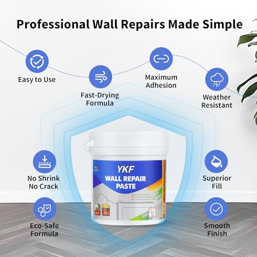 YKF Drywall Repair Kit (18 oz) - Spackle Paste with Scraper & 2X Self-Adhesive Patches (4") - Quick Dry, Waterproof Mending Agent for Large Holes, Plaster (White) - style: 18 oz Kit (with Scraper & 2 Wall Patches)