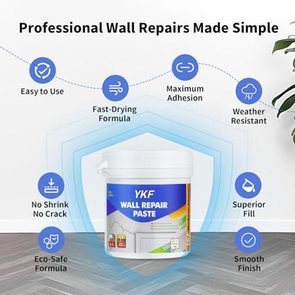 YKF Drywall Repair Kit (18 oz) - Spackle Paste with Scraper & 2X Self-Adhesive Patches (4") - Quick Dry, Waterproof Mending Agent for Large Holes, Plaster (White) - style: 18 oz Kit (with Scraper & 2 Wall Patches)