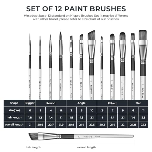 Nicpro 12PCS Artist Paint Brush Set, Craft Paint Brushes for Acrylic Painting, Oil, Watercolor, Gouache, Tempera, Face, Body, Fabric, Leather, Model, Art Supplies Paintbrushes for Artists Beginners - color: Silver