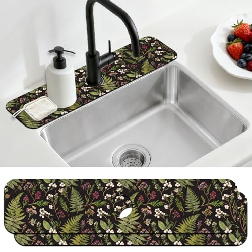 2 Pcs Kitchen Sink Splash Guard Faucet Mats Vintage Fern and Berries Pattern Faucet Mat for Sinks Absorbing Drying Mat for Kitchen Bathroom, 23.6x5.5inch