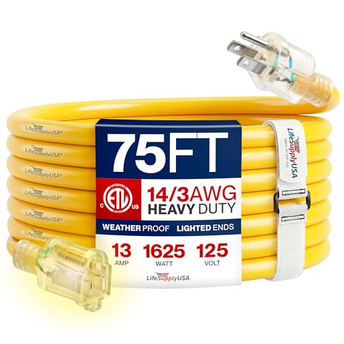 75ft Outdoor/Indoor Extension Cord 14/3 Gauge Heavy Duty 3 Prong SJTW, Waterproof, ETL Listed, Flexible Cold-Resistant Long Power Cord,13A 125V 1625W, Yellow by LifeSupplyUSA - color: Yellow, size: 75 FT, style: 14 Gauge (HEAVY DUTY)