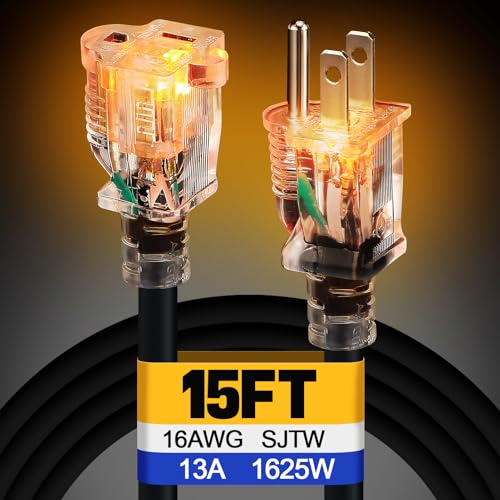 Lighted End Outdoor Extension Cord Waterproof -16AWG, 3 Prong, 13A, 1625W, Flexible Black Power Extension Cord for Outsides, 15ft - color: Black, size: 15ft