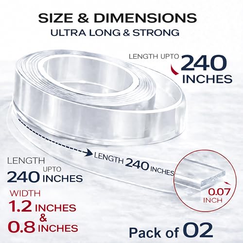 Double Sided Tape Heavy Duty 2 Rolls – 240" x 1.2" & 0.8" Clear Removable Nano Mounting Tape for Poster, Carpet, Picture Hanging, Wall, Rug & DIY – Strong Adhesive Multipurpose Mounting Tape 20 Feet - size: 1.2" x 10 Feet & 0.8" x 10 Feet