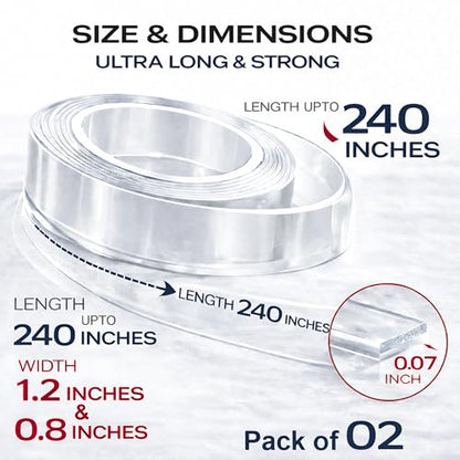 Double Sided Tape Heavy Duty 2 Rolls – 240" x 1.2" & 0.8" Clear Removable Nano Mounting Tape for Poster, Carpet, Picture Hanging, Wall, Rug & DIY – Strong Adhesive Multipurpose Mounting Tape 20 Feet - size: 1.2" x 10 Feet & 0.8" x 10 Feet