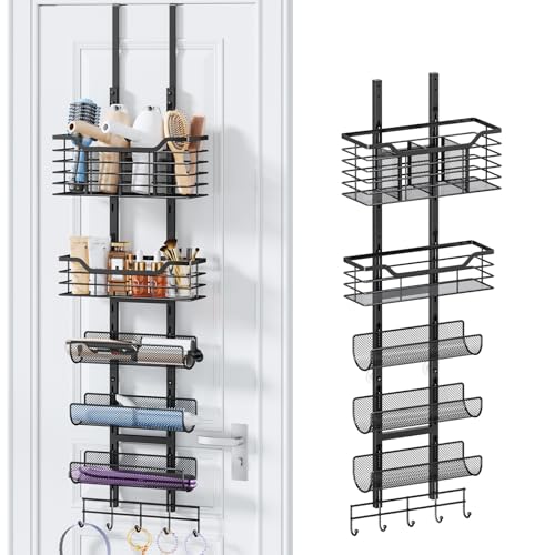Consumest 6-Tier Hair Tool Organizer - Hair Dryer Holder Over The Door/Wall Mounted DIY Adjustable Shelf Bathroom Door Organizer with Hook for Curling Iron/Blow Dryer/Straightener Black - color: Black