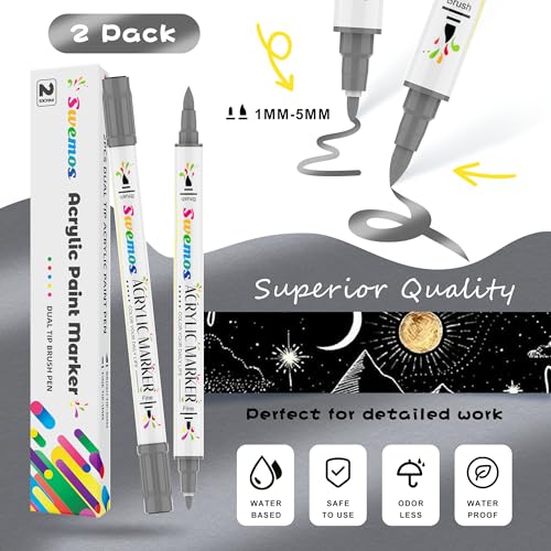 Swemos 2Pcs Silver Acrylic Paint Pens Markers, Dual Tip with Fine Tip and Brush Tip Pens Acrylic Paint Markers Waterproof Acrylic Markers Set for Rock, Canvas Stone, Wood, Glass, Metal (SILVER, 2) - style: SILVER