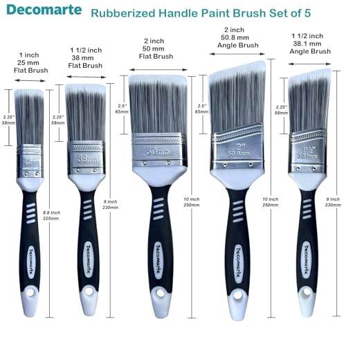 Paint Brush Set for Painting Cabinets, Small Fence Wall Stain Brushes Assortment, Smooth Synthetic Short Bristle Paintbrushes with Soft Grips – Double Thick Chip Brush Variety- Pack of 5