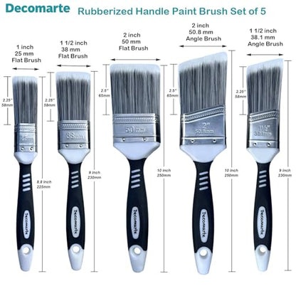 Paint Brush Set for Painting Cabinets, Small Fence Wall Stain Brushes Assortment, Smooth Synthetic Short Bristle Paintbrushes with Soft Grips – Double Thick Chip Brush Variety- Pack of 5