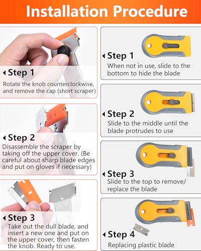 2 Pack Razor Blade Scraper with 20 Plastic and 20 Metal Blades for Removing Paint, Grease from Windshield, Registration Sticker, Glass Top Stove Cooktop Scraper - color: Orange-yellow