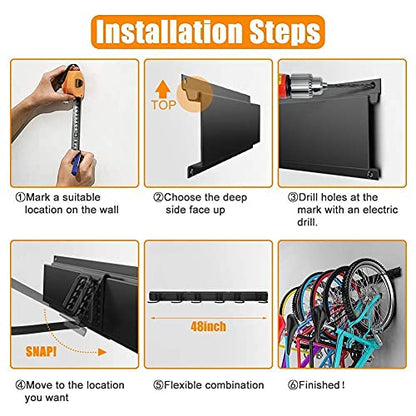 TORACK Bike Storage Rack, 6 Bike Rack Wall Mount Home and Garage Organizer, Vertical Bicycles Hanger Hooks for Indoor Space Saving - size: 48" Rail